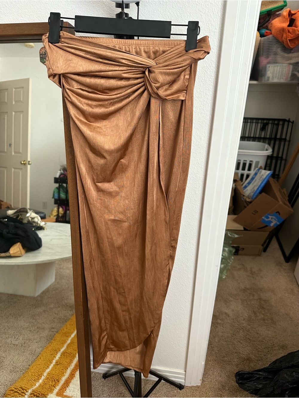 SHEIN Metallic Copper-Tone Maxi with a Slit Twist Skirt